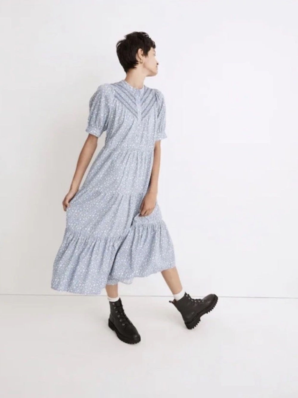 Madewell Midi Dress Embroidered Puff Sleeve Blue Ruffled M Cottage NH076 - Picture 2 of 15